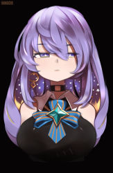 Rule 34 | 1girl, black background, black choker, blonde hair, breasts, choker, colored inner hair, expressionless, half-closed eyes, halterneck, highres, hololive, hololive indonesia, large breasts, looking at viewer, moona hoshinova, multicolored hair, onionsketch, portrait, purple eyes, purple hair, solo, virtual youtuber