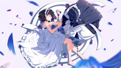 Rule 34 | 2girls, absurdres, apron, bare arms, bare legs, barefoot, black hair, blue flower, blurry, blurry foreground, brooch, brown hair, commentary request, dated, closed eyes, falling petals, flower, from above, full body, highres, jewelry, long hair, lying, maid, maid apron, maid headdress, multiple girls, on side, original, parted lips, petals, ppchen, purple flower, short hair, signature, white apron