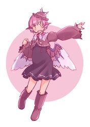 Rule 34 | 1girl, adapted costume, animal ears, bird ears, bird wings, black dress, blush, boots, brown eyes, brown footwear, brown hat, brown shirt, dress, hat, knee boots, long sleeves, looking at viewer, mystia lorelei, open mouth, pink hair, rangycrow, shirt, short hair, smile, solo, touhou, white wings, winged hat, wings