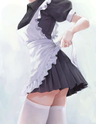 Rule 34 | 1girl, absurdres, apron, ass, bare arms, black dress, breasts, collared dress, cowboy shot, cracked skin, dress, dressing, frilled apron, frills, from side, head out of frame, highres, maid, maid apron, open mouth, original, pleated dress, puffy short sleeves, puffy sleeves, short dress, short sleeves, solo, tanna, thighhighs, tying, white apron, white background, white thighhighs