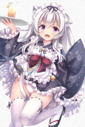 Rule 34 | 1girl, animal ear fluff, animal ears, apron, bell, blush, cat ears, cat tail, dutch angle, extra ears, frilled apron, frilled kimono, frills, grey hair, hair ornament, hairclip, highres, japanese clothes, jingle bell, kimono, maid, maid apron, maid headdress, obi, open mouth, original, panties, purple eyes, ryo (botugo), sandals, sash, side-tie panties, tail, thighhighs, underwear, white apron, white panties, white thighhighs