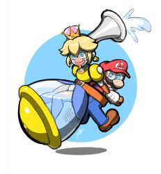 Rule 34 | 1boy, 1girl, absurdres, blonde hair, blue eyes, blush, drooling, f.l.u.d.d., hair between eyes, highres, jeetdoh, mario, mario (series), new super mario bros. u deluxe, nintendo, overalls, partially submerged, personification, running, signature, simple background, super crown, super mario sunshine, surprised, symbol-shaped pupils, water