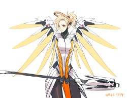 Rule 34 | 1girl, absurdres, artist name, bad id, bad twitter id, blonde hair, bodysuit, breasts, cowboy shot, haje, halo, high ponytail, highres, holding, long hair, looking away, mechanical halo, mechanical wings, medium breasts, mercy (overwatch), overwatch, overwatch 1, pantyhose, ponytail, short hair, simple background, solo, spread wings, staff, twitter username, v arms, wings, yellow background, yellow eyes, yellow wings