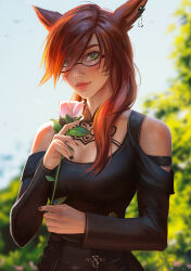 Rule 34 | animal ears, artist name, blurry, blurry background, breasts, brown hair, cat ears, cleavage cutout, clothing cutout, commission, day, earrings, facial mark, final fantasy, final fantasy xiv, flower, glasses, green eyes, hair over one eye, hair over shoulder, holding, holding flower, jewelry, large breasts, lips, long hair, looking at viewer, miqo&#039;te, nixri, outdoors, parted bangs, pink flower, pink rose, rose, semi-rimless eyewear, shoulder cutout, under-rim eyewear, upper body, warrior of light (ff14), whisker markings