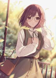 Rule 34 | 1girl, bag, blush, brown hair, bush, collared shirt, cowboy shot, day, dress, falling leaves, fence, glasses, green dress, hair ornament, hairpin, hand in own hair, hand up, handbag, highres, holding, holding sketchbook, hugging object, lamppost, leaf, lens flare, long sleeves, looking at viewer, miton (1521084393405571072), nose pads, outdoors, parted lips, project sekai, shinonome ena, shirt, short hair, sidelocks, sketchbook, sleeve cuffs, sleeveless, sleeveless dress, solo, swept bangs, tree, white shirt