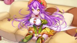 Rule 34 | 1girl, :3, artist request, bare shoulders, black sclera, breasts, bursting breasts, cleavage, colored sclera, colored skin, couch, covered erect nipples, detached sleeves, game cg, garter straps, ghost girl, glowing, glowing eyes, green thighhighs, juliet sleeves, large breasts, long hair, long sleeves, looking at viewer, midriff, monster musume no iru nichijou, monster musume no iru nichijou online, navel, official alternate costume, official art, on couch, orange eyes, orange headwear, pillow, pointy ears, puffy sleeves, pumpkin hat, purple hair, purple skin, ran (monster musume), semi-transparent, sitting, skirt, solo, thighhighs, yellow skirt, zettai ryouiki