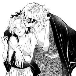 Rule 34 | 1boy, 1girl, and rira, arm around neck, breasts, closed eyes, couple, cowboy shot, crystal, earrings, eyepatch, greyscale, hands on another&#039;s arm, haori, hetero, husband and wife, imminent kiss, japanese clothes, jewelry, kimetsu no yaiba, kimono, large breasts, leaning on person, long sleeves, looking at another, makio (kimetsu no yaiba), monochrome, multicolored hair, obi, one eye closed, one eye covered, pectorals, sash, short hair, sleeveless, sleeveless kimono, smile, two-tone hair, uzui tengen