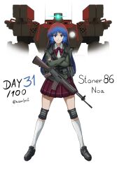 Rule 34 | 1girl, ammunition pouch, black footwear, black gloves, blue eyes, blue hair, body armor, bow, bulletproof vest, closed mouth, collared shirt, commentary, crossed arms, drill hair, english commentary, english text, fingerless gloves, full body, gloves, green jacket, gun, gun sling, haonfest, headlight, highres, jacket, knee pads, kneehighs, legs apart, light machine gun, loafers, long hair, long sleeves, looking at viewer, machine gun, mecha, original, plaid, plaid skirt, pleated skirt, pouch, red bow, red skirt, rifle, robot, school uniform, shirt, shoes, simple background, skirt, smile, socks, solo, stoner 63, straight-on, twitter username, typo, weapon, weapon name, white background, white shirt, white socks