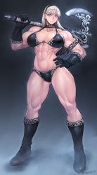 Rule 34 | 1girl, armlet, armor, axe, battle axe, bikini, bikini armor, black bikini, black gloves, black headband, blonde hair, blue eyes, choker, collarbone, gloves, gluteal fold, grey background, hairband, hand on own hip, headband, highres, holding, holding axe, long hair, muscular, muscular female, navel, original, over shoulder, silver hair, solo, swimsuit, takebouzu, thick thighs, thighs, warrior, weapon, weapon over shoulder