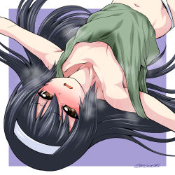 Rule 34 | 1girl, black hair, blush, brown eyes, girls und panzer, hairband, hot, kouda tomohiro, long hair, lying, navel, on back, outstretched arms, panties, reizei mako, simple background, solo, spread arms, sweat, tank top, underwear, underwear only, white panties