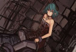 Rule 34 | 1girl, bare shoulders, black pantyhose, breasts, choker, cleavage, collar, cuffs, demon girl, dress, fang, fiend (juniper&#039;s knot), green hair, highres, horns, juniper&#039;s knot, large breasts, panties (pantsu-pirate), pantyhose, pointy ears, shackles, short hair, sitting, smile, solo, strapless, strapless dress, yellow eyes