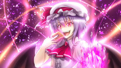 Rule 34 | 1girl, blush, card, fangs, hat, holding, holding card, light purple hair, looking at viewer, mob cap, open mouth, red eyes, remilia scarlet, short hair, smile, solo, takecha, teeth, touhou, upper body, wings, yu-gi-oh!
