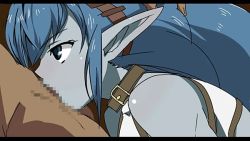 Rule 34 | 1girl, bare shoulders, blue eyes, blue hair, blue skin, celsius (tales), censored, choker, colored skin, fellatio, hair ornament, hand on another&#039;s head, long hair, mosaic censoring, namco, oral, pointy ears, shiny skin, sidelocks, tales of (series), tales of eternia, toranpo rintarou