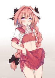 Rule 34 | 1boy, astolfo (fate), astolfo (sailor paladin) (fate), big hair, black bow, blush, bobo (6630978), bow, bow bra, bra, braid, closed mouth, clothes in mouth, clothes lift, commentary request, cowboy shot, eyelashes, fang, fang out, fate/apocrypha, fate/grand order, fate (series), flat chest, gradient background, grey background, hair between eyes, hair bow, hair intakes, highres, lifted by self, long hair, looking at viewer, male focus, midriff, miniskirt, mouth hold, multicolored hair, navel, neckerchief, official alternate costume, pink hair, pink neckerchief, pleated skirt, purple eyes, raised eyebrow, red bra, red sailor collar, red skirt, sailor collar, school uniform, serafuku, shirt, shirt in mouth, shirt lift, short sleeves, simple background, single braid, skirt, skirt lift, sleeve cuffs, solo, standing, stomach, streaked hair, thigh gap, training bra, trap, underwear, very long hair, white background, white hair, white shirt