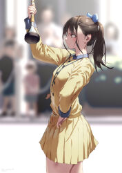 Rule 34 | 1girl, blue bow, blurry, blurry background, blush, bow, brown eyes, brown hair, closed mouth, commentary request, hair bow, holding, jonsun, long sleeves, majorette, marching band baton, original, pleated skirt, ponytail, profile, shiori (jonsun), shirt, skirt, solo focus, thighs, twitter username, whistle, whistle around neck, yellow shirt, yellow skirt