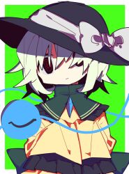 Rule 34 | 1girl, @ @, absurdres, black eyes, black headwear, buttons, collared shirt, diamond (shape), diamond button, expressionless, frilled shirt, frilled shirt collar, frilled sleeves, frills, green background, green ribbon, hair between eyes, hat, hat ornament, hat ribbon, highres, komeiji koishi, long sleeves, medium hair, multicolored eyes, own hands together, red pupils, ribbon, shirt, simple background, sleeves past wrists, so happy 64, symbol-shaped pupils, third eye, touhou, two-tone background, waist ribbon, white background, white hair, white ribbon, yellow shirt