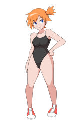 Rule 34 | 1girl, absurdres, adapted costume, asymmetrical hair, black one-piece swimsuit, blue eyes, breasts, competition swimsuit, creatures (company), full body, game freak, groin, gym leader, hands on own hips, highleg, highleg swimsuit, highres, looking at another, medium breasts, misty (pokemon), nintendo, one-piece swimsuit, orange hair, pepechi, pokemon, pokemon rgby, ponytail, shoes, short hair, side ponytail, simple background, sneakers, solo, swimsuit, thighs, white background