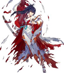 Rule 34 | 1girl, alternate costume, blue hair, brown eyes, cape, female focus, fire emblem, fire emblem fates, fire emblem heroes, full body, highres, holding, holding sword, holding weapon, japanese clothes, katana, kimono, long hair, nintendo, noy, oboro (fire emblem), official art, ponytail, sandals, solo, sword, teeth, torn clothes, transparent background, uchikake, weapon