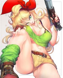Rule 34 | 1girl, belt, blonde hair, bow, breasts, cleavage, crop top, dragon ball, dragon ball (classic), fingerless gloves, gloves, green eyes, gun, hair bow, head tilt, holding, holding gun, holding weapon, large breasts, lunch (bad) (dragon ball), lunch (dragon ball), no bra, ommmyoh, red bow, short shorts, shorts, sitting, smile, solo, unaligned breasts, weapon