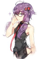 Rule 34 | 1girl, :3, absurdres, bad id, bad pixiv id, bare shoulders, breasts, glasses, hair ornament, highres, looking at viewer, necktie, purple eyes, purple hair, short hair with long locks, simple background, sleeveless, small breasts, smile, solo, suminagashi, vocaloid, voiceroid, white background, yuzuki yukari