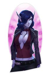 Rule 34 | 1girl, absurdres, belt, black belt, black choker, black jacket, blouse, blue hair, breasts, casual, center opening, choker, collarbone, commentary, contemporary, covered navel, cropped jacket, cropped legs, d-rex, ear piercing, earrings, elf, hair over one eye, hand on own hip, highres, jacket, jewelry, large breasts, long eyebrows, long hair, long sleeves, looking at viewer, midriff, nose piercing, open clothes, pants, piercing, pointy ears, red shirt, ribbon choker, shirt, smile, solo, void elf, warcraft, white eyes, world of warcraft