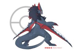Rule 34 | animal focus, artist name, claws, commentary, creatures (company), crossover, dragon, english commentary, facebook logo, facebook username, fakemon, from behind, full body, game freak, highres, instagram logo, instagram username, monster hunter (series), nargacuga, nintendo, no humans, pixiv logo, pixiv username, poke ball, pokemon, pokemon (creature), simple background, slit pupils, solo, standing, twitter logo, twitter username, white background, wyvern, xezeno, yellow eyes
