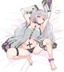 Rule 34 | 1girl, ankle ribbon, bed, bed sheet, breasts, highres, leg ribbon, long hair, looking at viewer, lying, navel, on back, on bed, open mouth, panties, pubic tattoo, red eyes, ribbon, silver hair, skindentation, small breasts, solo, spread legs, stomach, suisogenshi, tattoo, thigh strap, two side up, underwear