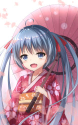 Rule 34 | 1girl, :d, aged down, ahoge, akira (been0328), bad id, bad pixiv id, blue eyes, blue hair, cherry blossoms, collarbone, fang, floral print, hair between eyes, hair ribbon, hatsune miku, highres, holding, holding umbrella, japanese clothes, kimono, long hair, obi, oil-paper umbrella, open mouth, pink umbrella, red kimono, red ribbon, ribbon, sash, smile, solo, standing, twintails, umbrella, upper body, very long hair, vocaloid, white background, yukata
