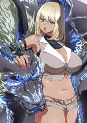 Rule 34 | 1girl, armpits, bare shoulders, belly, belt, blonde hair, breasts, cleavage, dark skin, dragon, fingerless gloves, gloves, green eyes, huge breasts, long hair, midriff, navel, open mouth, otoi rekomaru, plump, short shorts, shorts, standing, thick thighs, thighs