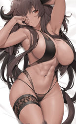 Rule 34 | 1girl, abs, arm behind head, arm up, armpits, bed sheet, breasts, brown hair, commentary, cowboy shot, dakimakura (medium), dark-skinned female, dark skin, english commentary, highres, large breasts, long hair, looking at viewer, lying, muscular, muscular female, navel, on back, original, red eyes, solo, tail, tony guisado, very long hair