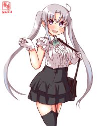 Rule 34 | 1girl, akitsushima (kancolle), alternate costume, artist logo, black skirt, blouse, blush, breasts, commentary request, dated, garter straps, grey hair, hair ornament, hair ribbon, hat, highres, kanon (kurogane knights), kantai collection, long hair, looking at viewer, medium breasts, open mouth, purple eyes, revision, ribbon, shirt, simple background, skirt, smile, solo, thighhighs, white background, white shirt