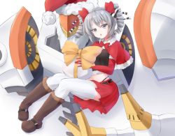 Rule 34 | 1girl, :o, black shirt, boots, bronya zaychik, brown footwear, christmas, drill hair, elbow gloves, flamesoar (mq92598), full body, gift, gloves, grey eyes, grey hair, hair between eyes, hair ribbon, hat, holding, honkai (series), honkai impact 3rd, looking at viewer, open mouth, project bunny, red gloves, ribbon, santa hat, shirt, sitting, solo, thighhighs, twin drills, white background, white thighhighs