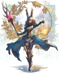 Rule 34 | 1girl, animal ears, warrior of light (ff14), blue coat, blue headwear, boots, border, coat, commentary, crossed legs, dragoon (final fantasy), elbow gloves, facial mark, final fantasy, final fantasy xiv, full body, gloves, highres, holding, holding polearm, holding weapon, jacket, long hair, open clothes, open coat, parted lips, polearm, rabbit ears, shukei, smile, solo, standing, viera, watson cross, weapon, white border, white jacket