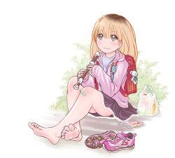 Rule 34 | 1girl, backpack, bag, bag charm, bandaid, bandaid on knee, bandaid on leg, barefoot, black eyes, blonde hair, blush, brown hair, candy, charm (object), copyright request, crossed ankles, crossed legs, feet, flat chest, flute, food, full body, highres, holding flute, holding instrument, instrument, jacket, long hair, long sleeves, on ground, pink jacket, plastic bag, poronpuu, randoseru, recorder, shoes, sitting, skirt, sleeves past wrists, smile, sneakers, soles, solo, stuffed animal, stuffed toy, teddy bear, thighs, toes, unworn shoes, upskirt, white background