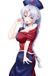 Rule 34 | 1girl, absurdres, blue hat, blue shirt, blue skirt, blush, braid, breasts, cleavage, cross, grey eyes, grey hair, hat, highres, i.f.s.f, large breasts, long hair, nurse cap, open mouth, red cross, red shirt, red skirt, shirt, short sleeves, simple background, single braid, skirt, smile, solo, tongue, tongue out, touhou, white background, yagokoro eirin