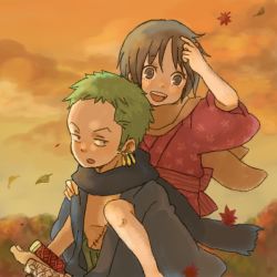 Rule 34 | 1boy, 1girl, barefoot, brown eyes, carrying, child, earrings, fall, friends, ghost, green hair, haramaki, japanese clothes, jewelry, kimono, kuina, leaf, one piece, piggyback, riding, roronoa zoro, scar, scarf, standing, sword, time paradox, wado ichimonji, weapon, aged down, yukke