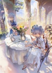 Rule 34 | 2girls, :d, apron, blue dress, blue eyes, blue hair, blue sky, breasts, brooch, chair, column, commentary request, corset, day, dress, flower, hair between eyes, hat, highres, izayoi sakuya, jewelry, looking at viewer, maid, maid apron, maid headdress, medium breasts, mob cap, multiple girls, neck ribbon, open mouth, petticoat, pillar, pink flower, pink rose, puffy short sleeves, puffy sleeves, purple flower, purple rose, red eyes, red footwear, red ribbon, red sash, remilia scarlet, ribbon, rose, sash, shirt, shoes, short hair, short sleeves, silver hair, sitting, sky, smile, standing, table, touhou, u u zan, v arms, vase, waist apron, white apron, white dress, white headwear, white shirt, wrist cuffs, yellow flower