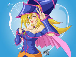 Rule 34 | 1girl, ;d, aqua background, bare shoulders, blonde hair, blue background, blue dress, blue hat, blush stickers, bracer, breasts, cape, cleavage, clenched hand, collarbone, dark magician girl, dress, female focus, gem, green eyes, hair between eyes, hands up, happy, hat, heart, heart background, highres, jewelry, large breasts, long hair, looking at viewer, neck, necklace, off-shoulder dress, off shoulder, one eye closed, open mouth, pink cape, red gemstone, shekosensei, smile, solo, tongue, v, wink, witch hat, yu-gi-oh!