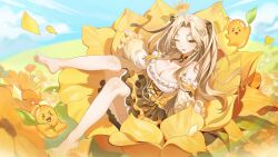Rule 34 | 1girl, ;d, absurdres, bare shoulders, barefoot, blonde hair, blue sky, breasts, brown eyes, cleavage, cloud, dress, earrings, flower, flower earrings, gyum (myyyyyon), halterneck, heart, highres, jewelry, large breasts, looking at viewer, on flower, one eye closed, open mouth, original, sky, smile, solo, twintails, yellow flower