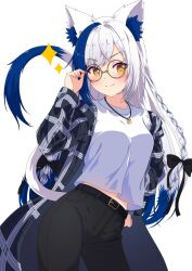 Rule 34 | 1girl, adjusting eyewear, alternate costume, animal ear fluff, animal ears, aomiya yozuri, belt, black belt, black bow, black coat, black pants, blue hair, blush, bow, braid, breasts, cat ears, cat girl, cat necklace, cat tail, closed mouth, coat, commentary request, glasses, hair bow, hand up, highres, jewelry, long hair, looking to the side, medium breasts, multicolored hair, multiple hair bows, namikawa kuroha, necklace, pants, plaid, plaid coat, round eyewear, shirt, sidelocks, simple background, smile, solo, sparkle, streaked hair, t-shirt, tail, twin braids, v-shaped eyebrows, vee (vtuber), very long hair, virtual youtuber, white background, white hair, white shirt, yellow eyes