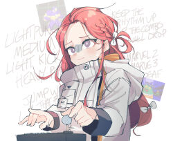 Rule 34 | 1girl, amingo, arcade stick, blue archive, blush, bow, braid, character request, controller, english text, eri (erikiri), forehead, game controller, grey eyes, halo, highres, holding, holding controller, holding game controller, jacket, joystick, long hair, long sleeves, marvel vs. capcom, marvel vs. capcom 2, playing games, red hair, solo, yuzu (blue archive)