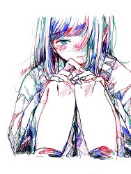 Rule 34 | 1girl, absurdres, aqua hair, blush, hair over one eye, hands on own knees, highres, knees up, looking at viewer, original, signature, simple background, solo, traditional media, watanabe tomari, white background