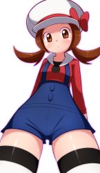 Rule 34 | 1girl, a-ktoo, blue overalls, blush, brown eyes, brown hair, closed mouth, commentary request, creatures (company), eyelashes, from below, game freak, hat, hat ribbon, highres, long hair, looking at viewer, lyra (pokemon), nintendo, overalls, pokemon, pokemon hgss, red ribbon, red shirt, ribbon, shiny skin, shirt, solo, thighhighs, twintails, white hat, white thighhighs, zettai ryouiki