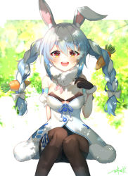 Rule 34 | 1girl, :d, animal ear fluff, animal ears, arm behind back, arm support, artist name, black bra, black gloves, black pantyhose, blue hair, blue ribbon, blurry, blurry background, blush, bokeh, border, bow, bra, braid, breasts, carrot hair ornament, depth of field, detached sleeves, don-chan (usada pekora), dress, extra ears, eyebrows hidden by hair, feet out of frame, food-themed hair ornament, fur trim, gloves, green background, hair between eyes, hair bow, hair ornament, hair ribbon, hand up, highres, hololive, knees together feet apart, letterboxed, looking at viewer, multicolored hair, open mouth, orange eyes, outdoors, outside border, pantyhose, pom pom (clothes), puffy short sleeves, puffy sleeves, rabbit-shaped pupils, rabbit ears, rabbit girl, ribbon, short sleeves, sidelocks, signature, sitting, small breasts, smile, solo, symbol-shaped pupils, takuro (taku3949), teeth, tress ribbon, twin braids, twintails, two-tone hair, underwear, upper teeth only, usada pekora, usada pekora (1st costume), virtual youtuber, white border, white bow, white dress, white hair