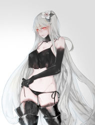 Rule 34 | 1girl, absurdres, aircraft carrier summer oni, armor, armored boots, bad id, bad pixiv id, bikini, black bikini, boots, breasts, cleavage, flower, hair flower, hair ornament, highres, kantai collection, large breasts, long hair, neko (ganecooo), red eyes, silver hair, solo, swimsuit, thigh boots, thighhighs, untied bikini, untying, very long hair