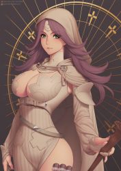 Rule 34 | 1girl, belt, breasts, cleavage, closed mouth, commentary request, detached sleeves, dress, eyes visible through hair, fingernails, green eyes, highres, holding, holding staff, large breasts, long hair, looking at viewer, patreon username, purple hair, putcher, solo, staff, thighs, veil, vial, voice of cards, white dress