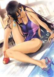 Rule 34 | 1girl, absurdres, arm support, black hair, blue eyes, breasts, cleavage, collarbone, competition swimsuit, dutch angle, feet, fingernails, goggles, unworn goggles, hair between eyes, happoubi jin, high heels, highres, indoors, large breasts, leg lift, long fingernails, long hair, looking at viewer, one-piece swimsuit, poolside, sandals, scan, seductive smile, shiny skin, shoe dangle, shoes, skin tight, smile, soaking feet, solo, swimsuit, tan, tanline, toeless footwear, toes, toranoana, very long hair, watch, wet, wristwatch