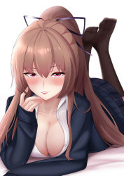 Rule 34 | 1girl, azur lane, black ribbon, black socks, blue jacket, blue skirt, braid, breasts, cleavage, commentary request, crown braid, feet, hair ribbon, twirling hair, highres, jacket, large breasts, legs, lenxiao, light brown hair, long hair, looking at viewer, lying, on stomach, partially unbuttoned, pleated skirt, purple eyes, ribbon, shirt, simple background, skirt, socks, solo, swiftsure (azur lane), swiftsure (study hall cyclamen) (azur lane), the pose, very long hair, white background, white shirt