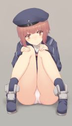 Rule 34 | 10s, 1girl, bare legs, beret, blush, brown eyes, brown hair, clothes writing, grey background, hat, kantai collection, knees to chest, looking at viewer, nakadori (movgnsk), panties, pantyshot, short hair, sitting, smile, solo, underwear, white panties, z3 max schultz (kancolle)