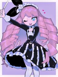 Rule 34 | 1girl, ;d, a (poipiku 325815), arm up, black bow, black dress, blue eyes, blush, border, bow, collared dress, commentary request, dress, drill hair, frilled dress, frills, hair bow, hand on own chest, heart, holding, lolita fashion, long hair, long sleeves, looking at viewer, marbas (megido72), megido72, one eye closed, open mouth, pantyhose, pink hair, purple background, smile, solo, standing, very long hair, white border, white pantyhose